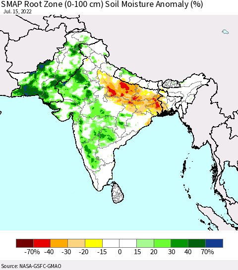Southern Asia SMAP Root Zone (0-100 cm) Soil Moisture Anomaly (%) Thematic Map For 7/11/2022 - 7/15/2022