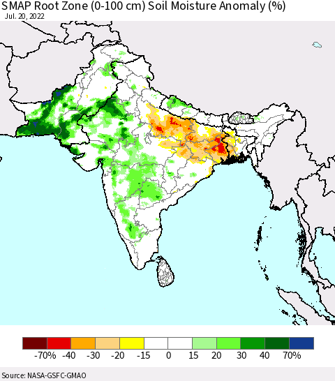 Southern Asia SMAP Root Zone (0-100 cm) Soil Moisture Anomaly (%) Thematic Map For 7/16/2022 - 7/20/2022
