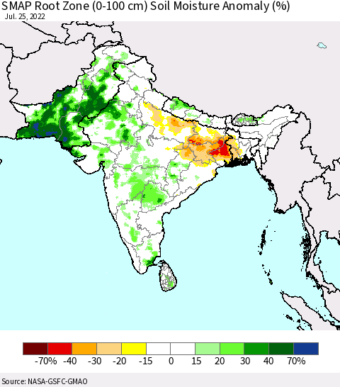 Southern Asia SMAP Root Zone (0-100 cm) Soil Moisture Anomaly (%) Thematic Map For 7/21/2022 - 7/25/2022
