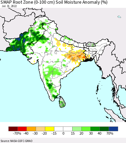Southern Asia SMAP Root Zone (0-100 cm) Soil Moisture Anomaly (%) Thematic Map For 7/26/2022 - 7/31/2022