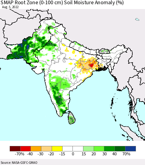 Southern Asia SMAP Root Zone (0-100 cm) Soil Moisture Anomaly (%) Thematic Map For 8/1/2022 - 8/5/2022
