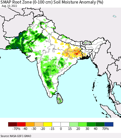 Southern Asia SMAP Root Zone (0-100 cm) Soil Moisture Anomaly (%) Thematic Map For 8/6/2022 - 8/10/2022