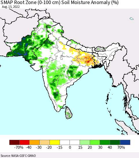 Southern Asia SMAP Root Zone (0-100 cm) Soil Moisture Anomaly (%) Thematic Map For 8/11/2022 - 8/15/2022