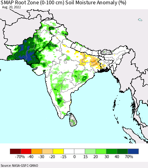 Southern Asia SMAP Root Zone (0-100 cm) Soil Moisture Anomaly (%) Thematic Map For 8/16/2022 - 8/20/2022