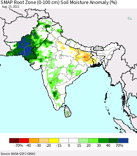 Southern Asia SMAP Root Zone (0-100 cm) Soil Moisture Anomaly (%) Thematic Map For 8/21/2022 - 8/25/2022