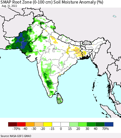 Southern Asia SMAP Root Zone (0-100 cm) Soil Moisture Anomaly (%) Thematic Map For 8/26/2022 - 8/31/2022