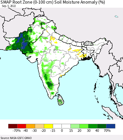 Southern Asia SMAP Root Zone (0-100 cm) Soil Moisture Anomaly (%) Thematic Map For 9/1/2022 - 9/5/2022