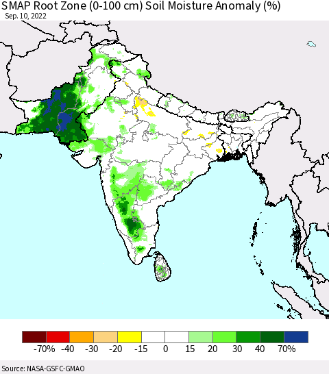 Southern Asia SMAP Root Zone (0-100 cm) Soil Moisture Anomaly (%) Thematic Map For 9/6/2022 - 9/10/2022