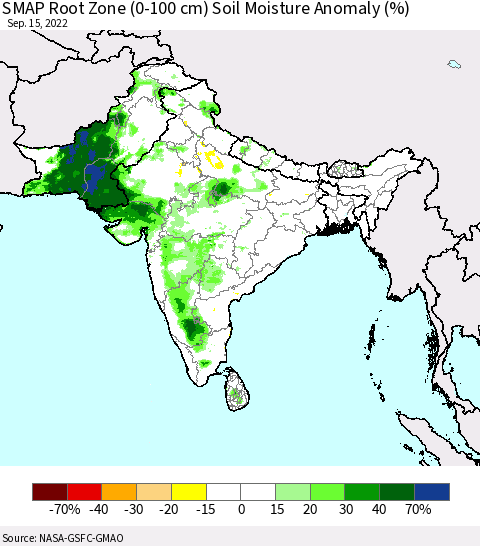Southern Asia SMAP Root Zone (0-100 cm) Soil Moisture Anomaly (%) Thematic Map For 9/11/2022 - 9/15/2022