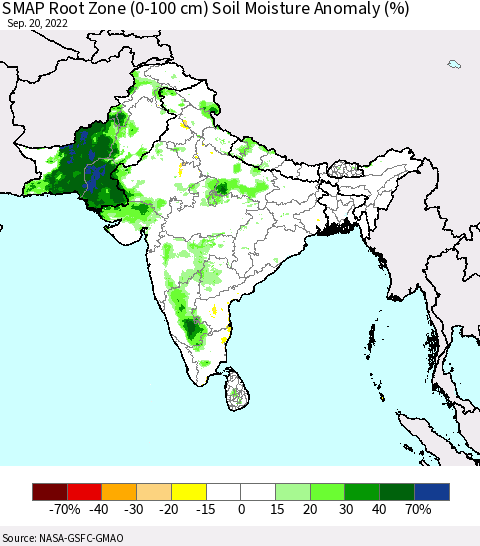 Southern Asia SMAP Root Zone (0-100 cm) Soil Moisture Anomaly (%) Thematic Map For 9/16/2022 - 9/20/2022