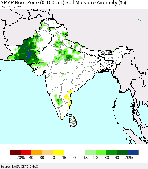 Southern Asia SMAP Root Zone (0-100 cm) Soil Moisture Anomaly (%) Thematic Map For 9/21/2022 - 9/25/2022