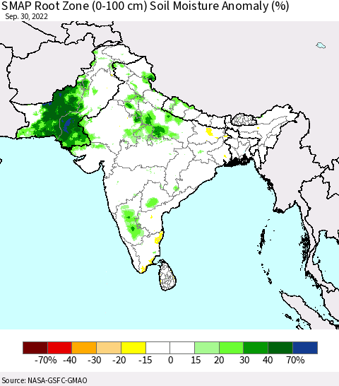 Southern Asia SMAP Root Zone (0-100 cm) Soil Moisture Anomaly (%) Thematic Map For 9/26/2022 - 9/30/2022