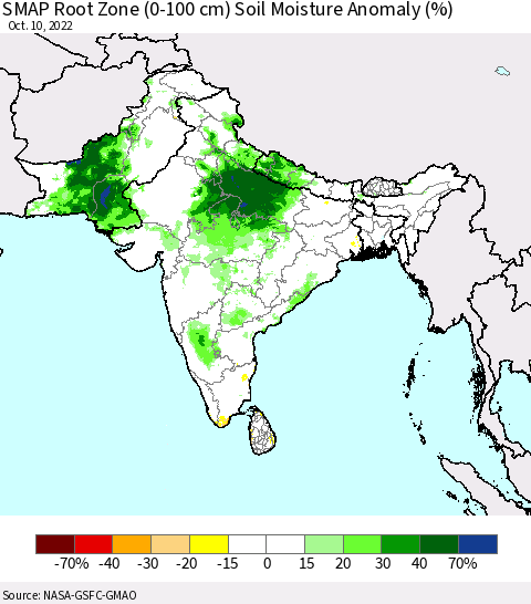 Southern Asia SMAP Root Zone (0-100 cm) Soil Moisture Anomaly (%) Thematic Map For 10/6/2022 - 10/10/2022