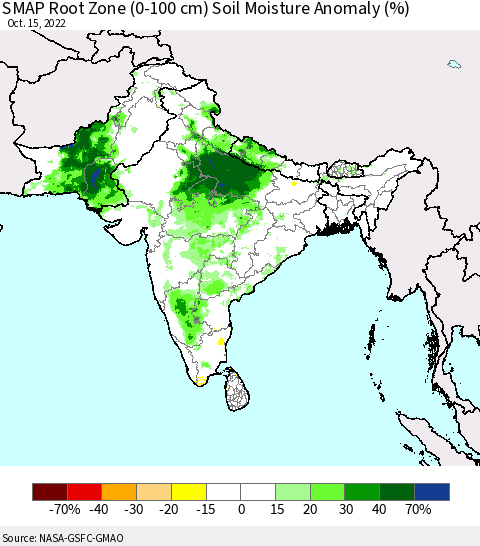 Southern Asia SMAP Root Zone (0-100 cm) Soil Moisture Anomaly (%) Thematic Map For 10/11/2022 - 10/15/2022