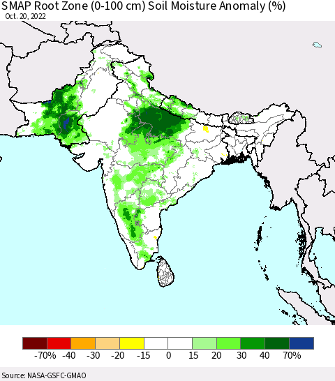 Southern Asia SMAP Root Zone (0-100 cm) Soil Moisture Anomaly (%) Thematic Map For 10/16/2022 - 10/20/2022