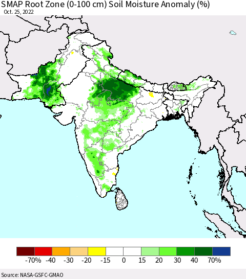 Southern Asia SMAP Root Zone (0-100 cm) Soil Moisture Anomaly (%) Thematic Map For 10/21/2022 - 10/25/2022