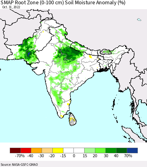 Southern Asia SMAP Root Zone (0-100 cm) Soil Moisture Anomaly (%) Thematic Map For 10/26/2022 - 10/31/2022