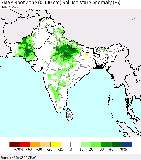 Southern Asia SMAP Root Zone (0-100 cm) Soil Moisture Anomaly (%) Thematic Map For 11/1/2022 - 11/5/2022