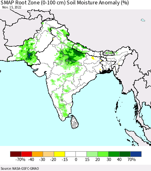 Southern Asia SMAP Root Zone (0-100 cm) Soil Moisture Anomaly (%) Thematic Map For 11/11/2022 - 11/15/2022