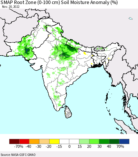 Southern Asia SMAP Root Zone (0-100 cm) Soil Moisture Anomaly (%) Thematic Map For 11/16/2022 - 11/20/2022