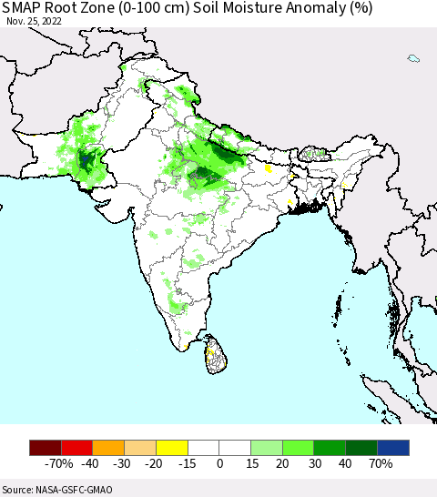 Southern Asia SMAP Root Zone (0-100 cm) Soil Moisture Anomaly (%) Thematic Map For 11/21/2022 - 11/25/2022