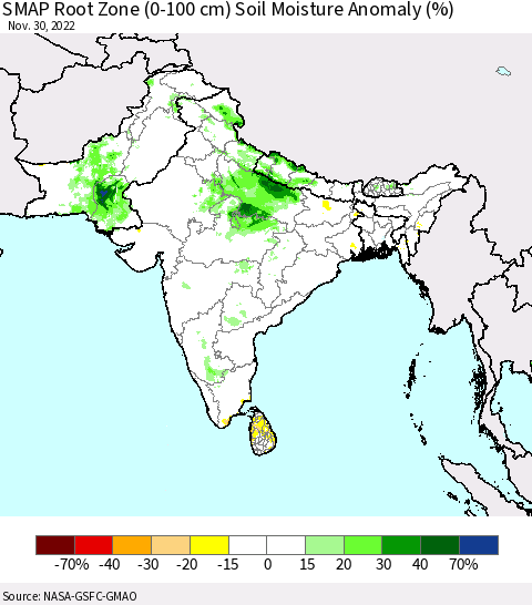 Southern Asia SMAP Root Zone (0-100 cm) Soil Moisture Anomaly (%) Thematic Map For 11/26/2022 - 11/30/2022