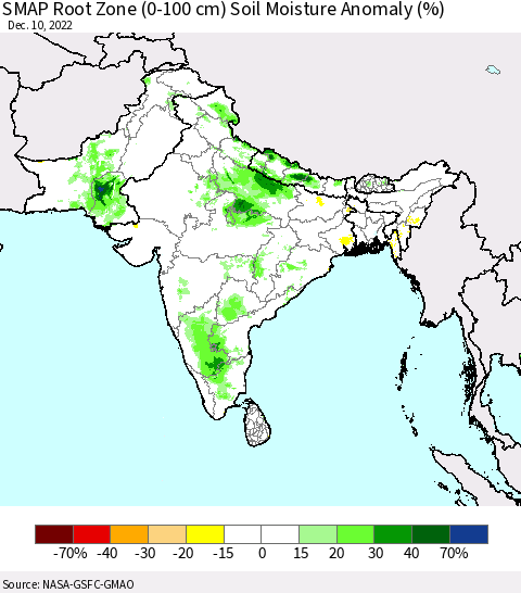 Southern Asia SMAP Root Zone (0-100 cm) Soil Moisture Anomaly (%) Thematic Map For 12/6/2022 - 12/10/2022