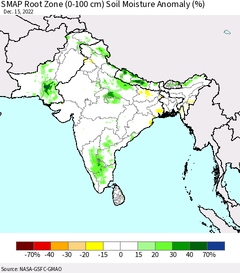 Southern Asia SMAP Root Zone (0-100 cm) Soil Moisture Anomaly (%) Thematic Map For 12/11/2022 - 12/15/2022