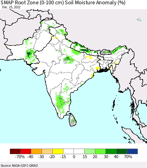 Southern Asia SMAP Root Zone (0-100 cm) Soil Moisture Anomaly (%) Thematic Map For 12/21/2022 - 12/25/2022