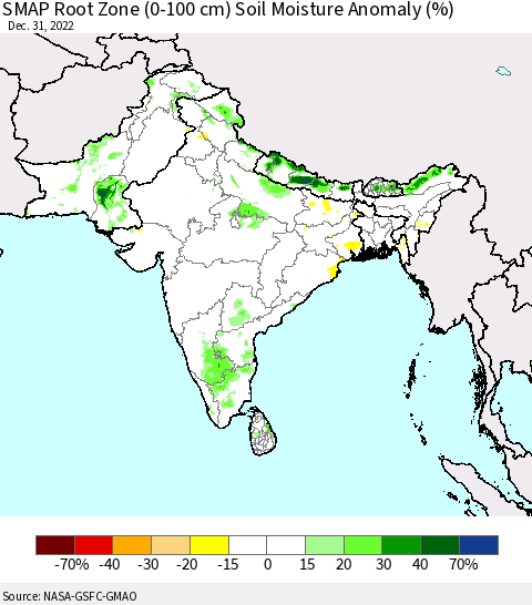 Southern Asia SMAP Root Zone (0-100 cm) Soil Moisture Anomaly (%) Thematic Map For 12/26/2022 - 12/31/2022