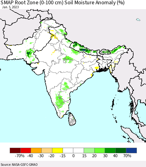 Southern Asia SMAP Root Zone (0-100 cm) Soil Moisture Anomaly (%) Thematic Map For 1/1/2023 - 1/5/2023