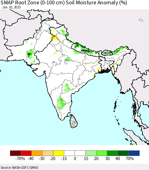 Southern Asia SMAP Root Zone (0-100 cm) Soil Moisture Anomaly (%) Thematic Map For 1/6/2023 - 1/10/2023