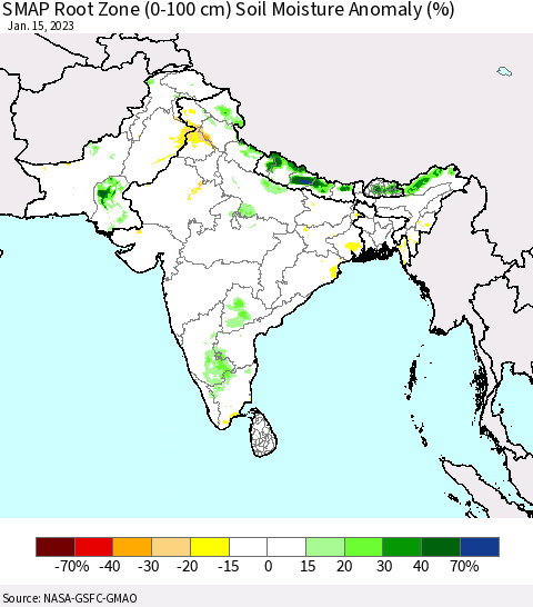 Southern Asia SMAP Root Zone (0-100 cm) Soil Moisture Anomaly (%) Thematic Map For 1/11/2023 - 1/15/2023
