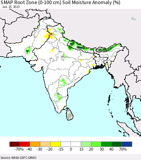Southern Asia SMAP Root Zone (0-100 cm) Soil Moisture Anomaly (%) Thematic Map For 1/21/2023 - 1/25/2023