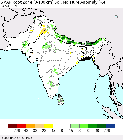 Southern Asia SMAP Root Zone (0-100 cm) Soil Moisture Anomaly (%) Thematic Map For 1/26/2023 - 1/31/2023