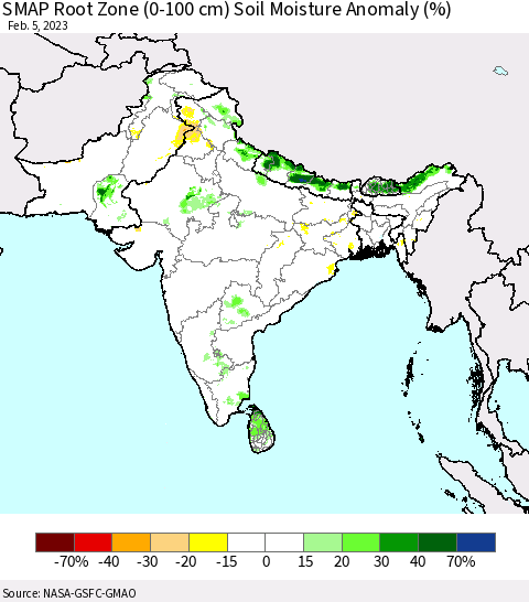 Southern Asia SMAP Root Zone (0-100 cm) Soil Moisture Anomaly (%) Thematic Map For 2/1/2023 - 2/5/2023