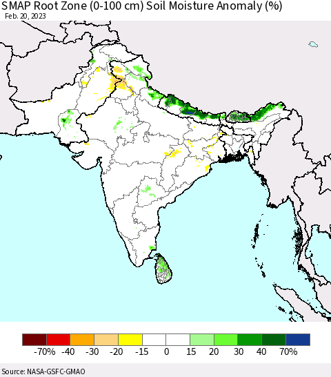 Southern Asia SMAP Root Zone (0-100 cm) Soil Moisture Anomaly (%) Thematic Map For 2/16/2023 - 2/20/2023