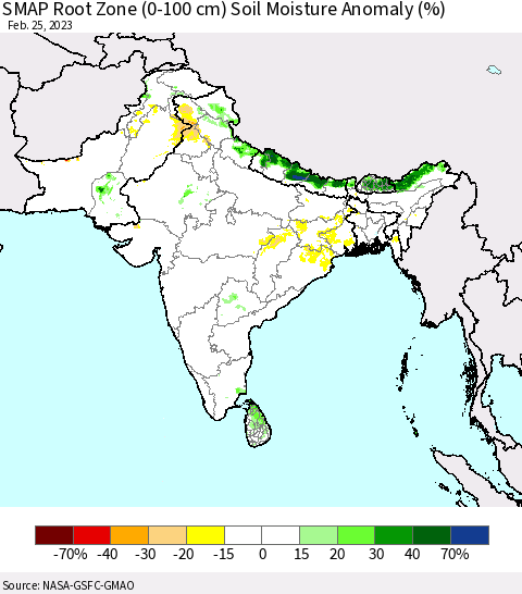 Southern Asia SMAP Root Zone (0-100 cm) Soil Moisture Anomaly (%) Thematic Map For 2/21/2023 - 2/25/2023