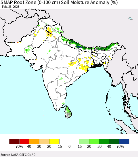 Southern Asia SMAP Root Zone (0-100 cm) Soil Moisture Anomaly (%) Thematic Map For 2/26/2023 - 2/28/2023