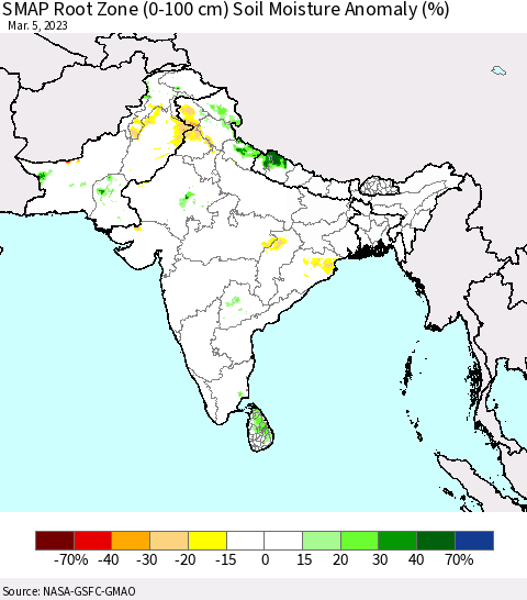 Southern Asia SMAP Root Zone (0-100 cm) Soil Moisture Anomaly (%) Thematic Map For 3/1/2023 - 3/5/2023