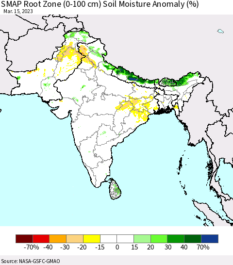 Southern Asia SMAP Root Zone (0-100 cm) Soil Moisture Anomaly (%) Thematic Map For 3/11/2023 - 3/15/2023