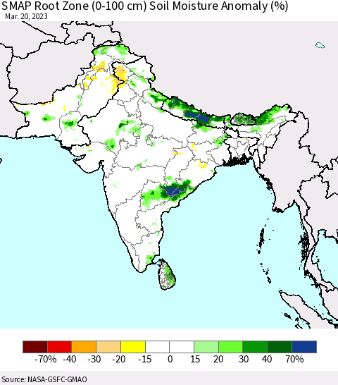 Southern Asia SMAP Root Zone (0-100 cm) Soil Moisture Anomaly (%) Thematic Map For 3/16/2023 - 3/20/2023