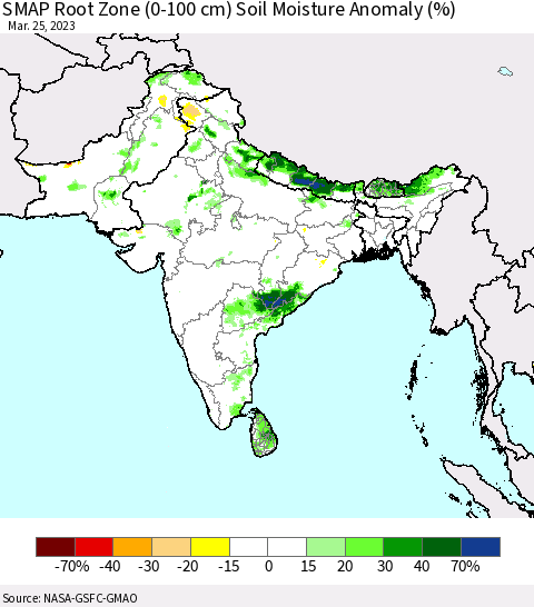 Southern Asia SMAP Root Zone (0-100 cm) Soil Moisture Anomaly (%) Thematic Map For 3/21/2023 - 3/25/2023