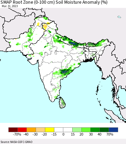 Southern Asia SMAP Root Zone (0-100 cm) Soil Moisture Anomaly (%) Thematic Map For 3/26/2023 - 3/31/2023