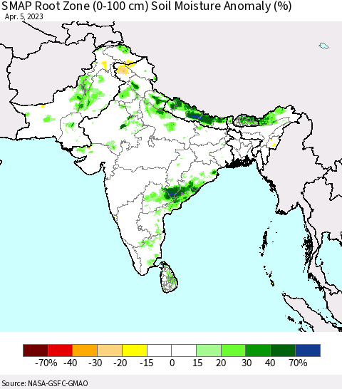 Southern Asia SMAP Root Zone (0-100 cm) Soil Moisture Anomaly (%) Thematic Map For 4/1/2023 - 4/5/2023