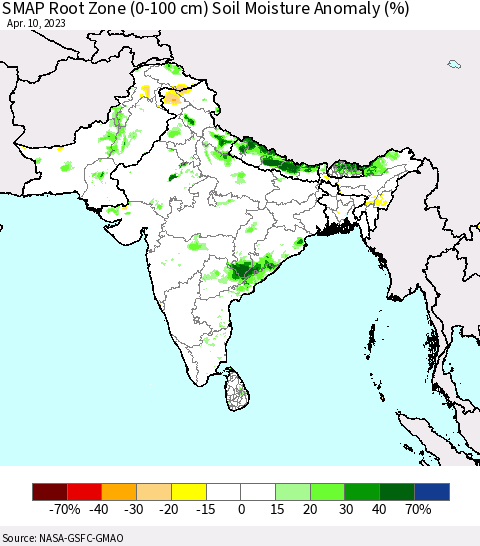 Southern Asia SMAP Root Zone (0-100 cm) Soil Moisture Anomaly (%) Thematic Map For 4/6/2023 - 4/10/2023