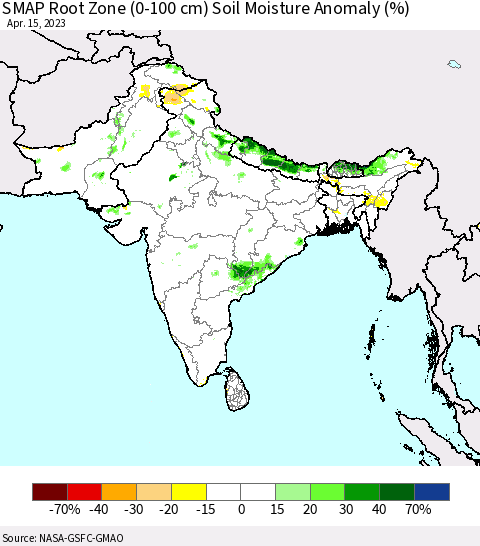 Southern Asia SMAP Root Zone (0-100 cm) Soil Moisture Anomaly (%) Thematic Map For 4/11/2023 - 4/15/2023