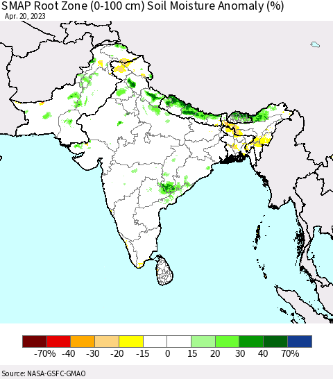 Southern Asia SMAP Root Zone (0-100 cm) Soil Moisture Anomaly (%) Thematic Map For 4/16/2023 - 4/20/2023