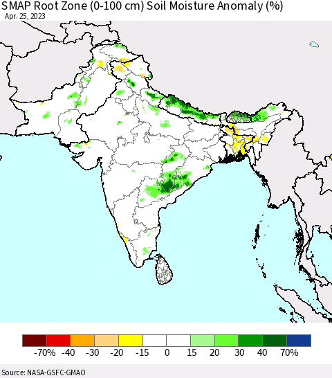 Southern Asia SMAP Root Zone (0-100 cm) Soil Moisture Anomaly (%) Thematic Map For 4/21/2023 - 4/25/2023
