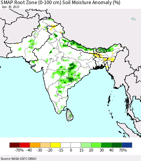 Southern Asia SMAP Root Zone (0-100 cm) Soil Moisture Anomaly (%) Thematic Map For 4/26/2023 - 4/30/2023